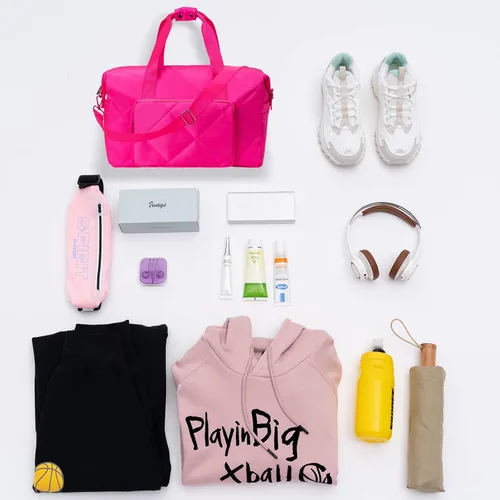 Miniatura 7 de Bolsa de gimnasio rosa intenso para mujer, bolsa de viaje ligera y hinchada de 18 pulgadas para viajes, deportes, yoga, resistente al agua