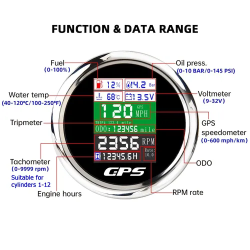 Miniatura 3 de Velómetro GPS 6 en 1 MAIMEIMI 85mm 3-3/8" Tachómetro Ajustable Multifuncional Voltímetro Nivel de Combustible Temperatura del Agua Presión de Aceite