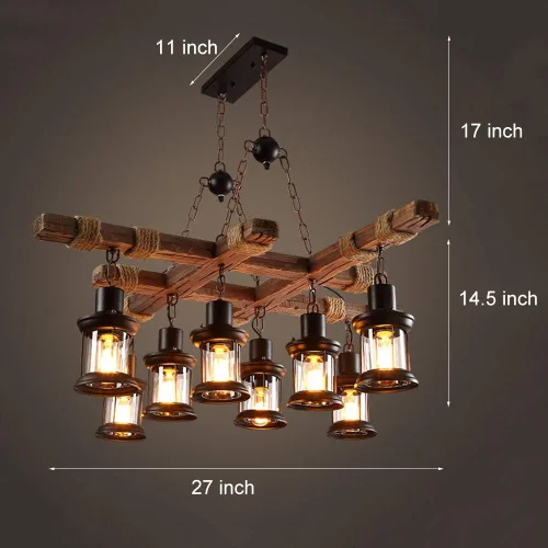 Miniatura 2 de iMeshbean Lámpara colgante de madera industrial de 8 luces, lámpara de techo para cocina, bar, mesa de billar