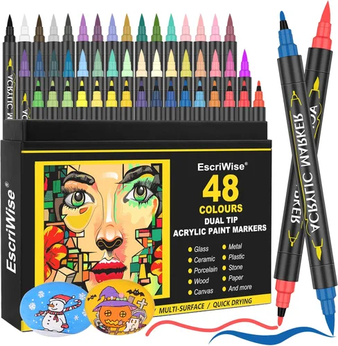 Juego de rotuladores de pintura acrílica de doble punta de 48 colores, marcadores permanentes de pintura acrílica con pincel y punta fina,