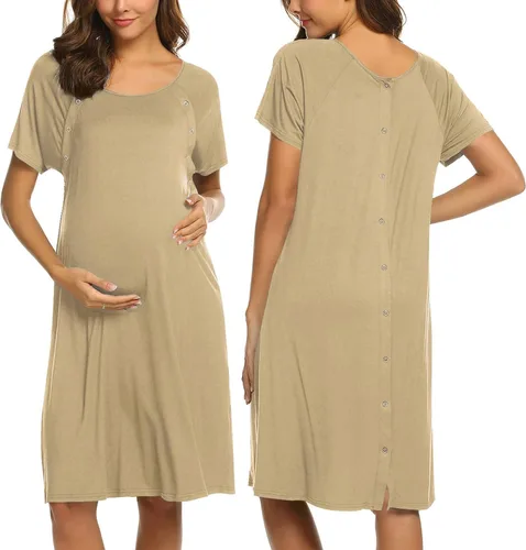Ekouaer - Camisón con botones y manga corta para mujer, vestido para lactancia, parto, hospital y maternidad, tallas S-XXL