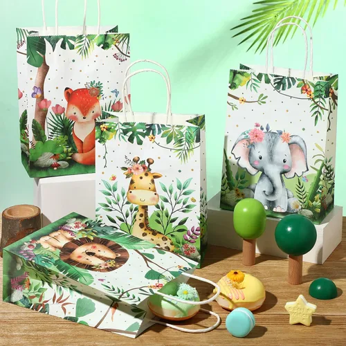 Miniatura 5 de Pajean Bolsas de Golosinas Safari Animales de la Selva Bolsas de Favores de Fiesta con Asas Estampado de Animales del Zoológico Dulces de Favores