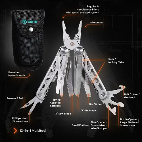 Miniatura 2 de GRITR Multiherramienta EDC de acero inoxidable 13 en 1 con funda de nailon, herramienta para exteriores con alicates de punta de aguja, cuchillo