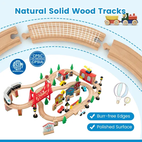 Miniatura 7 de Costzon Mesa de tren, 80 piezas, mesa de actividades de madera para niños con mesa reversible y desmontable, pistas de madera maciza, tren