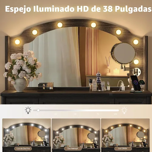 Miniatura 4 de STO'SENSE Escritorio de tocador con espejo y luces, mesa de tocador de maquillaje con 9 cajones, espejo de aumento y toma de corriente, tocador Negro