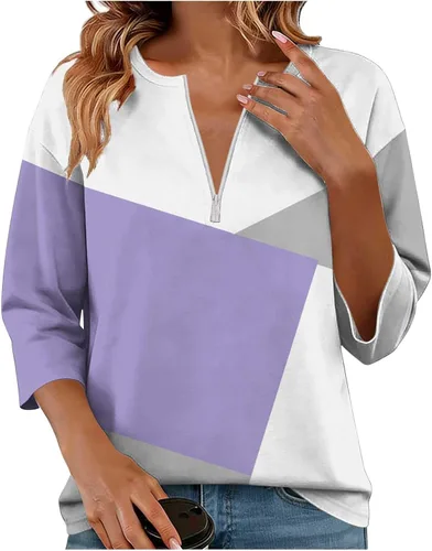 Miniatura 14 de Sudadera de manga larga con media cremallera para mujer, de gran tamaño, bloque de color, con cremallera de un cuarto, camisas de moda de primavera