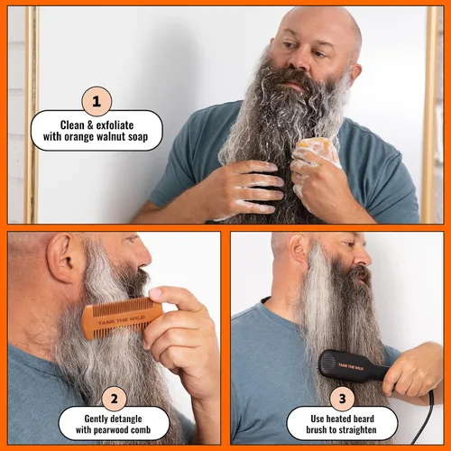 Miniatura 5 de TAME THE WILD MAKE YOUR BEARD BEHAVE Kit de alisador de barba para hombre, incluye cepillo portátil para barba, jabón para barba, peine de madera