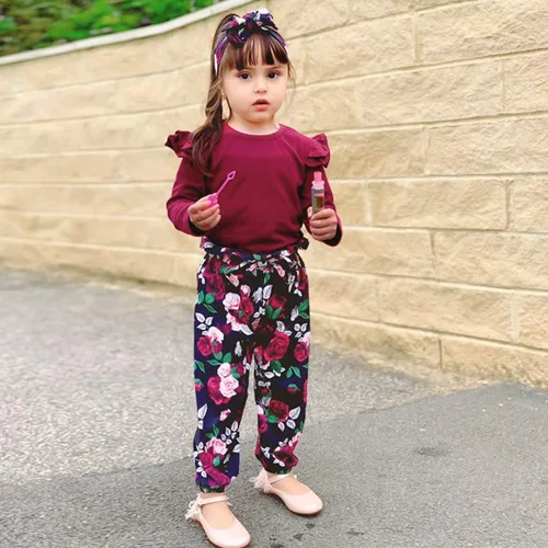Miniatura 2 de YALLET 3 piezas de ropa de niña pequeña, color liso, manga larga, con volantes, pantalón floral + diadema floral