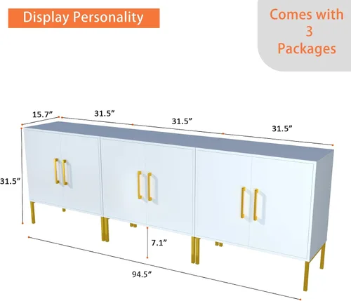 Miniatura 2 de JOZZBY Aparador de buffet con almacenamiento, gabinete de madera moderno con estantes ajustables, gabinetes blancos y dorados para sala de estar
