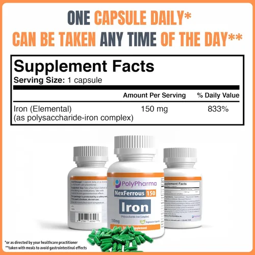 Miniatura 8 de Complejo de hierro polisacárido de 150 mg para apoyo a la anemia - Prevención y tratamiento de la deficiencia de hierro, apoya la formación