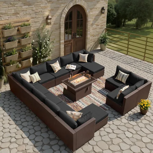 Miniatura 44 de BULEXYARD Juego de muebles de patio de respaldo alto de 7 piezas con mesa de fogata de combustible dual propano/gas natural, sofá seccional
