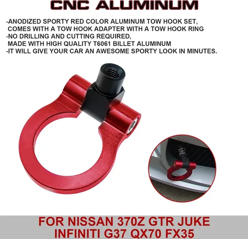 Miniatura 3 de JDM - Gancho de remolque para parachoques delantero y trasero de aluminio para Nissan 370Z GTR Juke Infiniti G37 QX70 FX35 Rojo