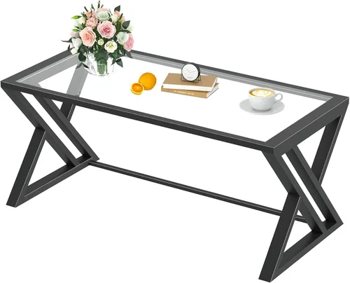 Miniatura 9 de Mesa de café Wolawu de vidrio negro para sala de estar, mesa central rectangular moderna con marco de metal resistente, mesa de té de vidrio