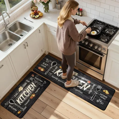 Miniatura 9 de KIMODE Alfombra de Cocina Antifatiga 2 Piezas, Alfombras de Cocina Antideslizantes e Impermeables, Alfombra de Cocina de Estilo Rústico en Gris