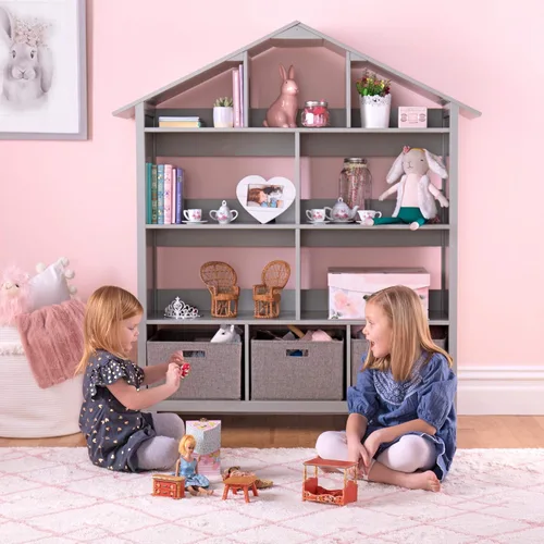 Martha Stewart Librería de casa de muñecas de lujo para niños - Gris: estantería de madera para niños y organizador alto para libros con