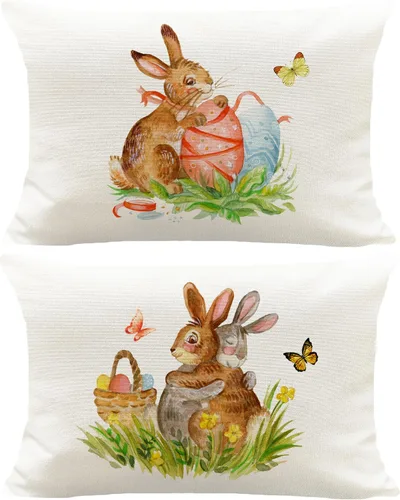 Juego de 2 fundas de almohada lumbar de Pascua vintage de primavera, 12 x 20 pulgadas, cesta de huevos de colores de conejos, decoración al aire