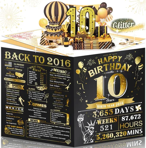 Tarjeta de cumpleaños número 10 para niña, niño, nieto, nieta, hijo, hija, gigante, desplegable, “Happy 10th Year Old”, decoración, regalo de Negro
