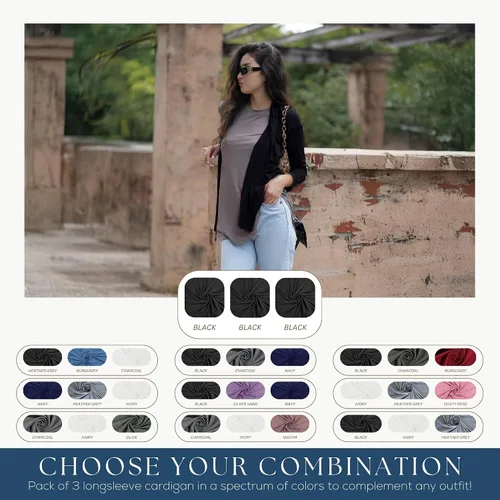 Miniatura 6 de Azules 3-Pack Women's Long Sleeve Open Front Cardigan - Lightweight Rayon Sweater, Soft Flowy Layer for Casual
