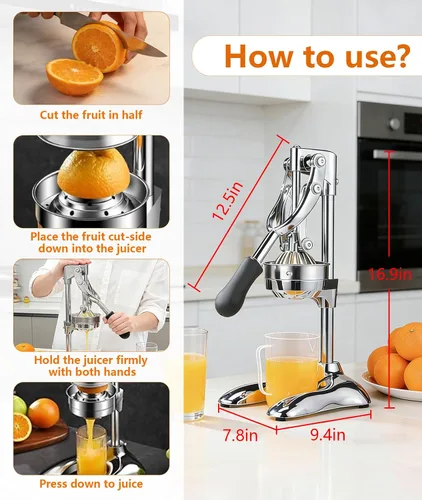 Miniatura 2 de Exprimidor manual profesional de mano – Exprimidor de cítricos de acero inoxidable resistente para naranja, limón y granada con base estable y taza
