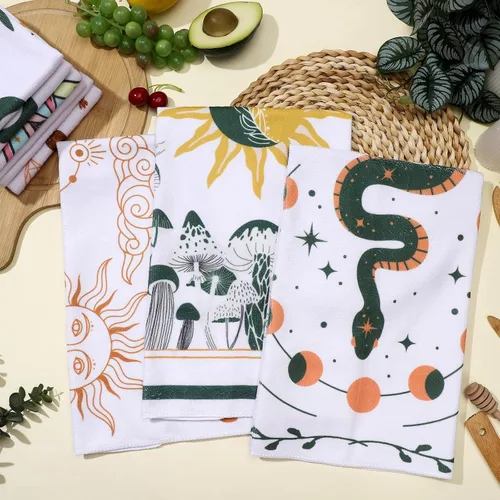Miniatura 3 de Zubebe Paquete de 6 toallas de cocina bohemias de 18 x 28 pulgadas, toallas de cocina absorbentes con diseño de hongos y luna celestial, regalos