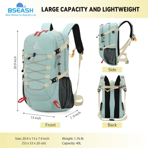 Miniatura 8 de Bseash 40L Mochila impermeable de senderismo y camping con funda para lluvia, mochila de deporte al aire libre para viajes, mochila de día