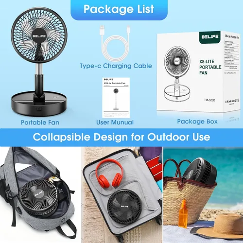 Miniatura 7 de Belife X8-Lite - Ventilador portátil, recargable con batería de 7200 mAh, ventilador de piso de escritorio USB con control remoto, ventilador Negro