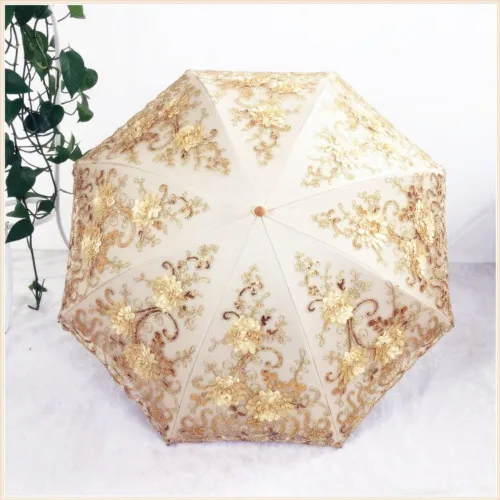 Miniatura 60 de Honeystore Sombrilla bordada con flor 3D plegable UV con encaje clásico