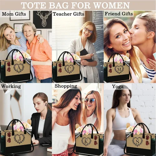 Miniatura 6 de YOOLIFE Bolsa de yute con inicial para mujer, bolsa de playa con cremallera, correa ajustable, regalos de dama de honor, regalos de cumpleaños