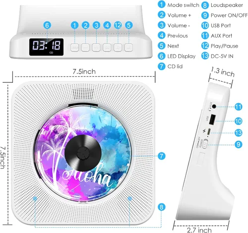 Miniatura 18 de Gueray Reproductor de CD portátil, reproductor de CD Kpop Bluetooth para escritorio con altavoz de sonido de alta fidelidad, radio FM, reproductor