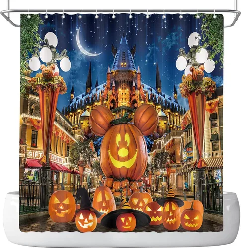 Miniatura 2 de Cortina de ducha de Halloween para baño, niños, caricatura, calabaza, sombrero de mago, luna, castillo, estrella, lámpara de calle, decoración