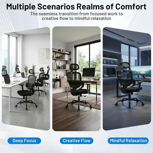 Miniatura 8 de Silla ergonómica de escritorio de oficina, silla de computadora de malla transpirable con respaldo alto, soporte lumbar 3D, reposacabezas 2D