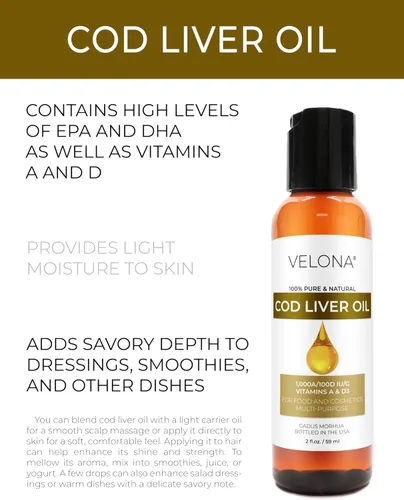 Miniatura 2 de velona Aceite de hígado de bacalao – 2 onzas líquidas 1,000A/100D UI/g Omega 3 Vitaminas A y D3 Aceite nórdico de origen sostenible del Ártico