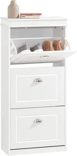 Miniatura 18 de Haotian Banco de Zapatos de Pasillo Blanco, Zapatero Estrecho de Entrada, Pequeño Armario de Zapatos con 1 Cajón Abatible y Cojín de Asiento