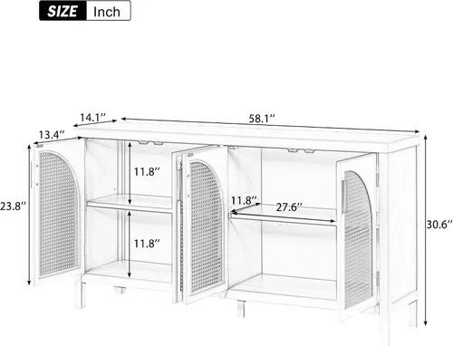 Miniatura 2 de Aparador de madera con puerta de ratán artificial y asas de metal, 4 puertas y estante ajustable, mesa de consola para comedor, sala de estar