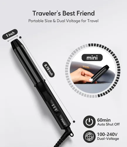 Miniatura 2 de FARERY Rizador de viaje, mini rizador de pelo de 1 pulgada, tamaño de viaje con 3 temperaturas ajustables, doble voltaje de 100-240 V, apagado