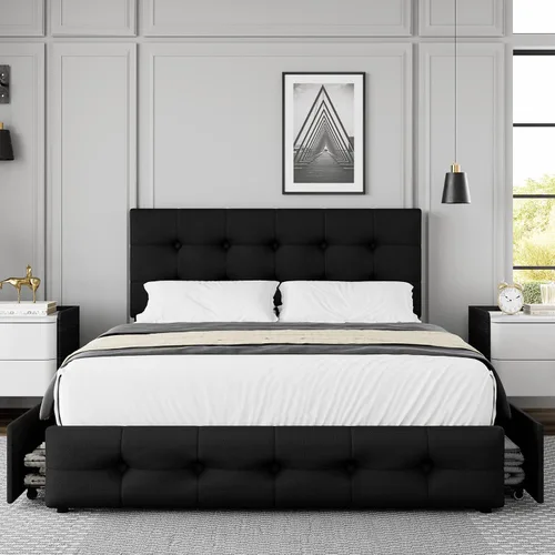 Miniatura 3 de TTVIEW Base de cama de tamaño completo con 4 cajones de almacenamiento y cabecera ajustable, cama plataforma tapizada con diseño de botones