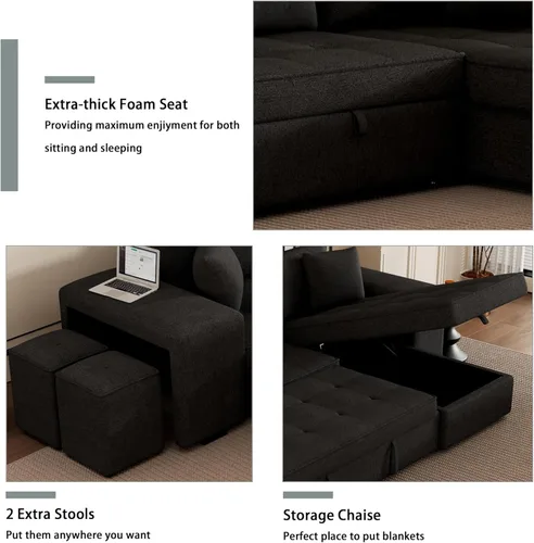 Miniatura 7 de Sofá cama modular reversible de 104.5 pulgadas con cama extraíble, sofá modular convertible en forma de L con diván de almacenamiento y 2 taburetes