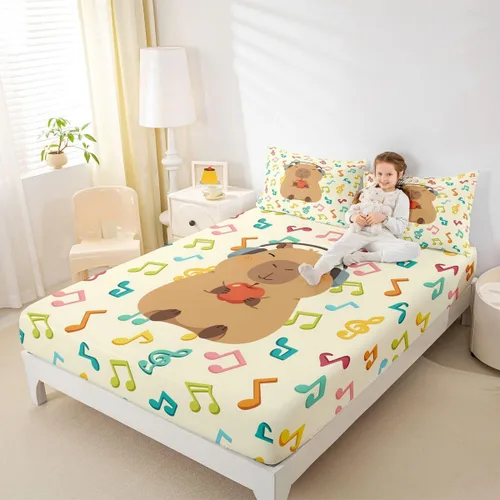 Miniatura 10 de Sábana bajera ajustable de Capybara de dibujos animados tamaño individual para niños, bonito juego de cama de Capybaras marrón para niños y niñas
