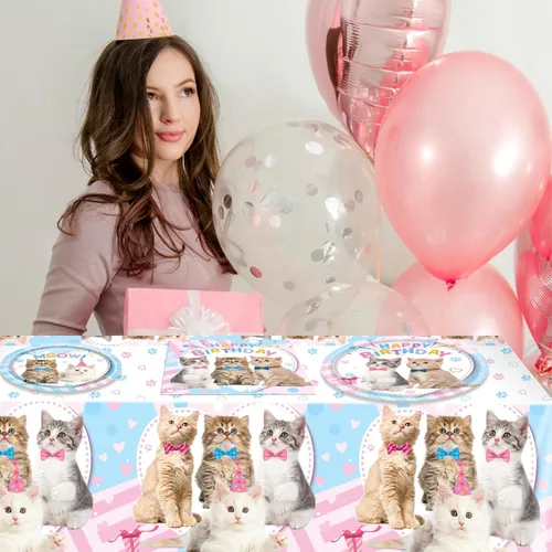 Miniatura 7 de Ryzovo Suministros para fiesta de cumpleaños de gato, 62 piezas de decoración de fiesta de gato y juego de vajilla - Decoración de fiesta