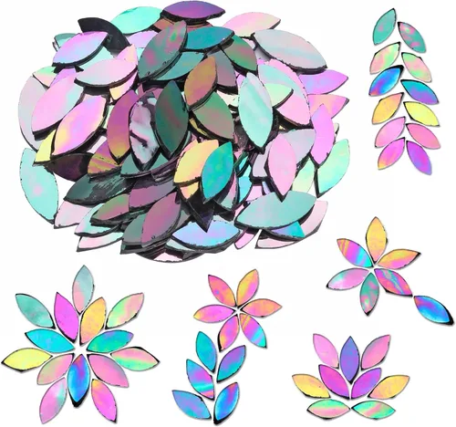 Miniatura 8 de Yoption 100 azulejos de mosaico de pétalos de vidrio iridiscente, cortados a mano, azulejos de mosaico de hojas de flores blancas para manualidades
