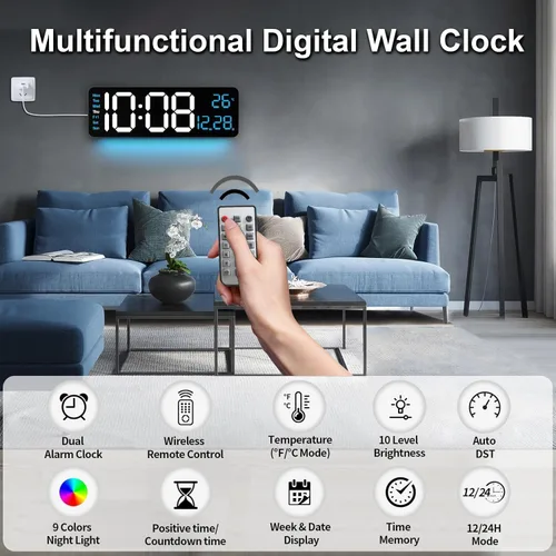 Miniatura 5 de Reloj de pared digital LED grande de 16.5 pulgadas con brillo automático, retroiluminación RGB, alarma doble, pantalla de temperatura y humedad