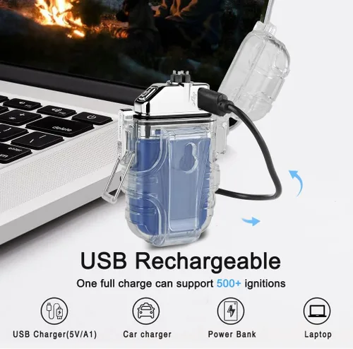 Miniatura 5 de SUPRUS Impermeable 3 modos de linterna a prueba de viento, encendedor de doble arco eléctrico recargable de plasma de doble arco con silbato de Azul