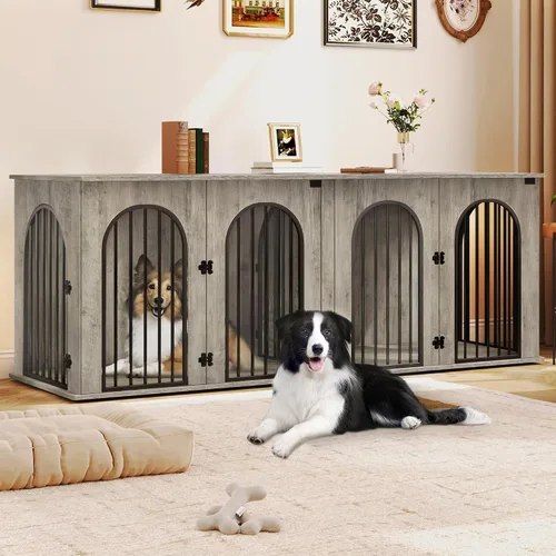 Hzuaneri Mueble de jaula para perros de 88.4 pulgadas para 2 perros, soporte de TV para perreras de interior resistente, jaula de madera XXL con