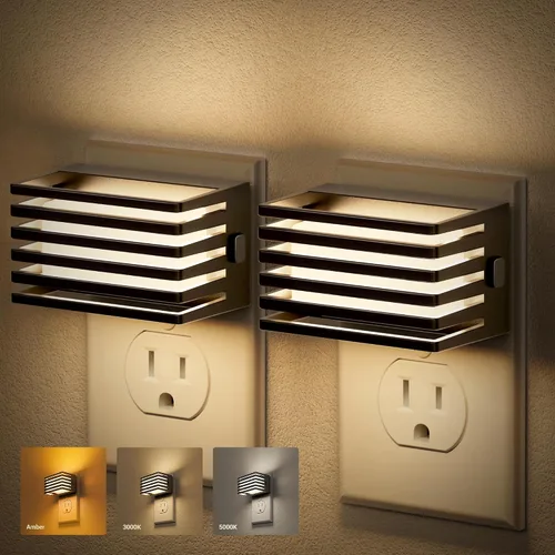 JandCase Luz nocturna LED, paquete de 2, luces nocturnas enchufables a la pared con sensor de atardecer a amanecer, 3 colores 3000 K/5000 K/ámbar,