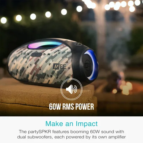 Miniatura 2 de MEE Audio PartySPKR - Altavoz inalámbrico Bluetooth, potente sonido estéreo RMS de 60 W, 2 subwoofers, altavoz portátil para exteriores, campamento