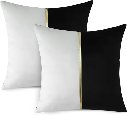 Miniatura 9 de OTOSTAR Fundas de almohada de terciopelo negro y blanco con parche de cuero dorado, lujo moderno minimalista, fundas de cojín cuadradas para sala