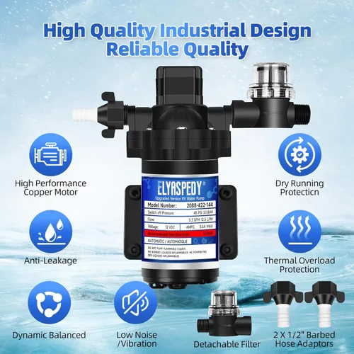 Miniatura 4 de 2025 mejorada 2088-422-144 bomba de agua dulce para RV, bomba de agua de diafragma autocebante de 12 V 3.3 GPM, 45 PSI, incluye interruptor
