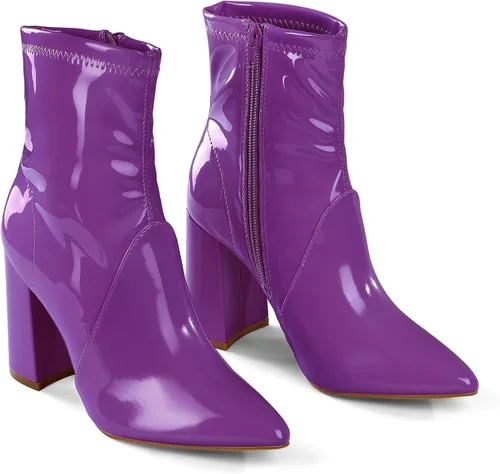 Miniatura 2 de mysoft Botas GoGo de tacón de bloque para mujer, botines puntiagudos, de piel de charol con cremallera lateral