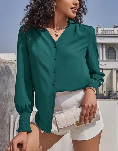 Miniatura 3 de Aifer Blusa para mujer, manga larga, elegante, casual, cuello en V, con botones, blusas 2024