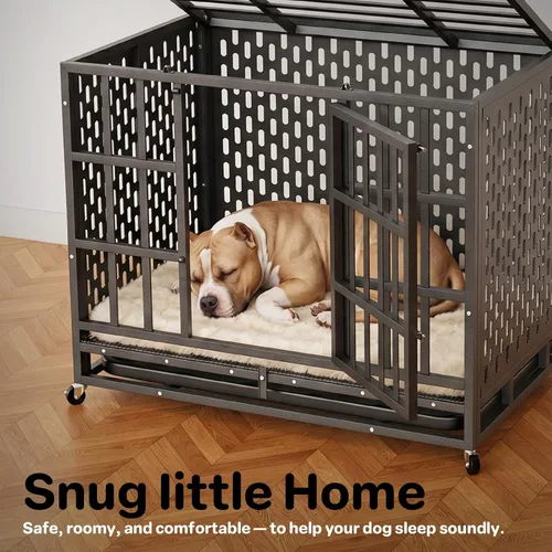 Miniatura 8 de Jaula para perros de alta resistencia de 38 pulgadas, a prueba de escapes de acero, jaula indestructible de doble puerta para interiores, perrera